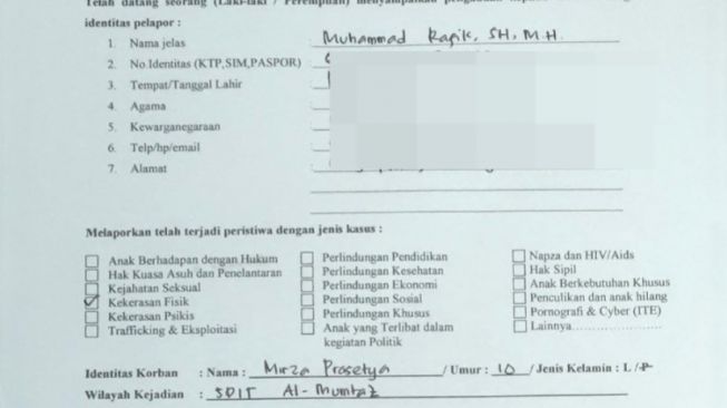 Bukti laporan ke KPPAD Kalbar terkait dugaan kasus perundungan dan penganiayaan seorang siswa SDIT di Pontianak. (Suara.com/Istimewa)