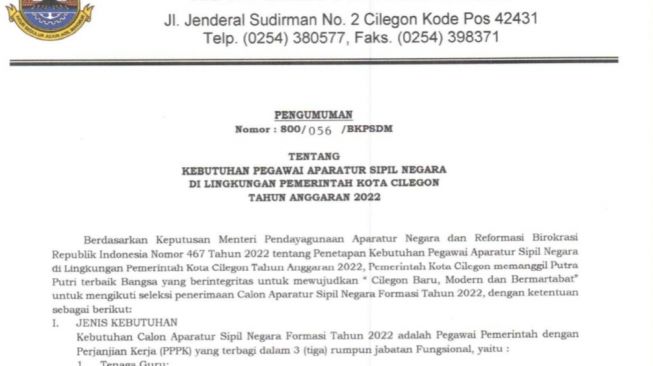 Pemerintah Kota Cilegon Buka 1.064 Lowongan untuk PPPK