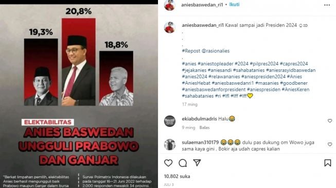 Unggahan asli soal hasil survei oleh Polmatrix Indonesia yang benar. (Turnbackhoax.id)