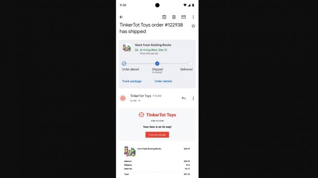 Fitur baru Gmail, pelacakan paket. [Google]