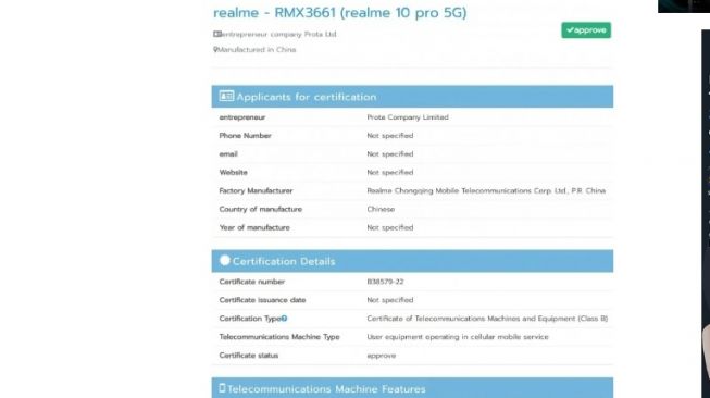 Realme 10 Pro 5G telah disertifikasi oleh otoritas NBTC Thailand  [Gizmochina]