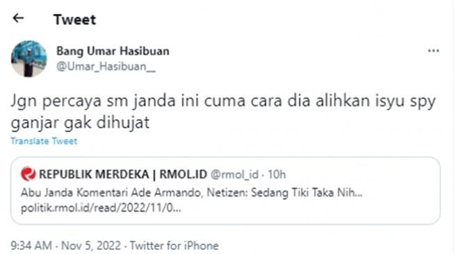 Cuitan tokoh NU Gus Umar alias Umar Hasibuan soal Abu Janda yang mengkritik pernyataan kontroversial Ade Armando terkait suara umat Kristen yang terbelah untuk kemenangan Anies Baswedan. (Twitter/@Umar_Hasibuan__)