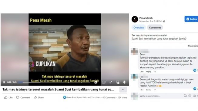 CEK FAKTA: Benarkah suami ART Susi mengembalikan uang sogokan dari Ferdy Sambo? (Facebook/Pena Merah)