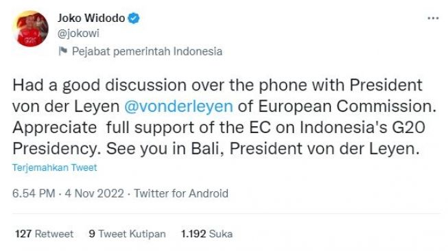 Tangkapan layar cuitan Presiden Jokowi usai melakukan komunikasi dengan Presiden Komisi Uni Eropa Ursula von der Leyen. [Tangkapan Layar Twitter]