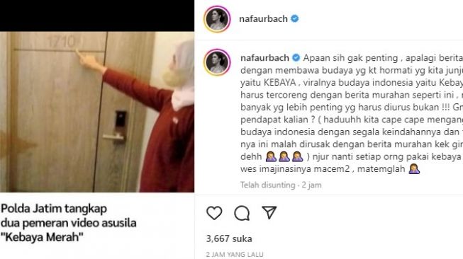 Nafa Urbach tanggapi penangkapan pemain film Kebaya Merah (Instagram/@nafaurbach)