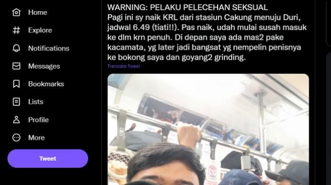 Unggahan korban pelecehan seksual di KRL. (bidik layar twitter)