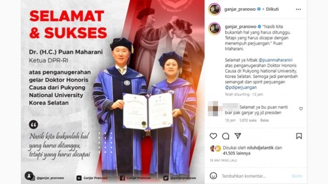 Unggahan Instagram Ganjar Pranowo selamati gelar Doktor Honoris Causa Puan Maharani. (Instagram/@ganjar_pranowo)