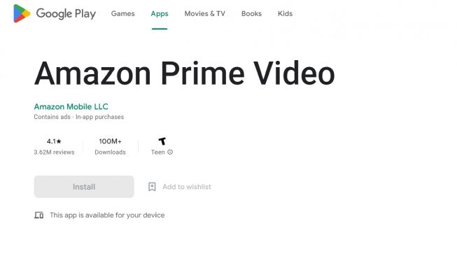 Aplikasi Amazon Prime Video di Google Play Store. (Screenshot)