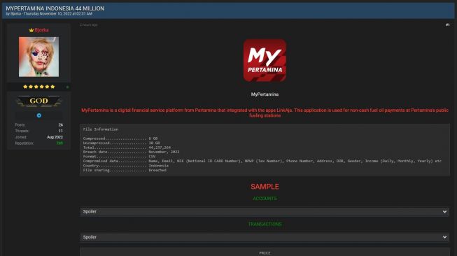 Bjorkan jual 44 juta data MyPertamina. (Twitter/segcron)