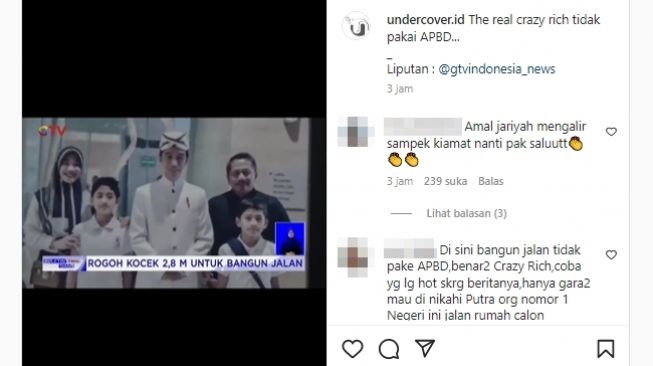 Warganet ungkit lagi jasa crazy rich Grobogan, Joko Suranto, memperbaiki jalan di Desa Jetis pakai uang pribadi ketika ramai jalan depan rumah Erina Gudono diaspal memakai dana APBD. (Instagram/@undercover.id)