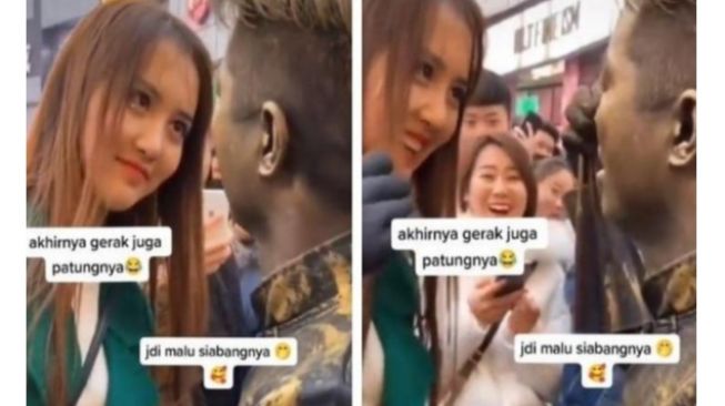 Endingnya Nggak Tahan Juga, Manusia Patung Akhirnya Bergerak Gegara Lihat Cewek Ini