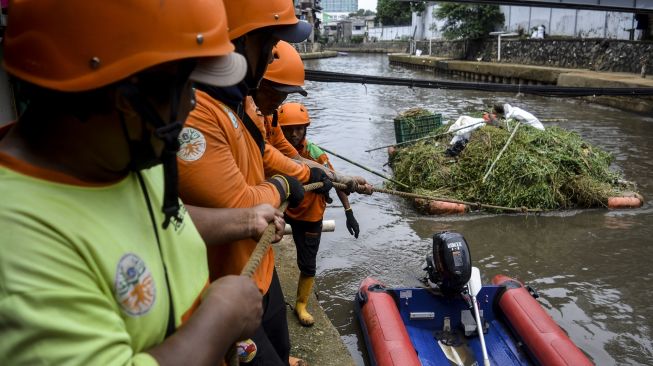 Sejumlah petugas Badan Penanggulangan Bencana Daerah (BPBD) DKI Jakarta menarik tumpukan sampah saat kerja bakti gabungan di Kali Ciliwung, Jakarta, Kamis (10/11/2022).[ANTARA FOTO/Sulthony Hasanuddin/YU]