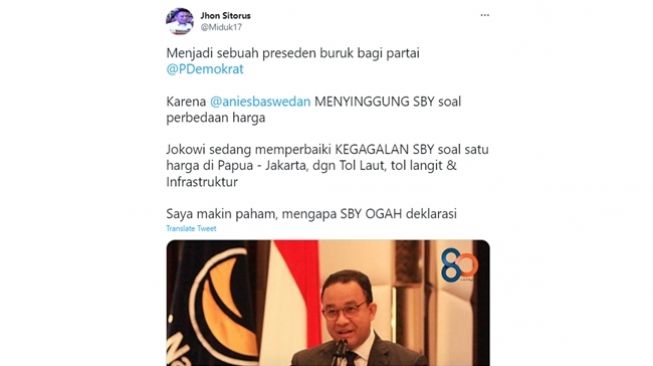 Cuitan Jhon Sitorus 'salahkan' pernyataan Anies Baswedan soal misi satu harga yang membuat SBY dan Demokrat ogah deklarasi. (Twitter/@Miduk17)