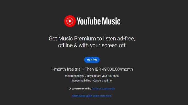 Biaya berlangganan YouTube Music. [YouTube] 