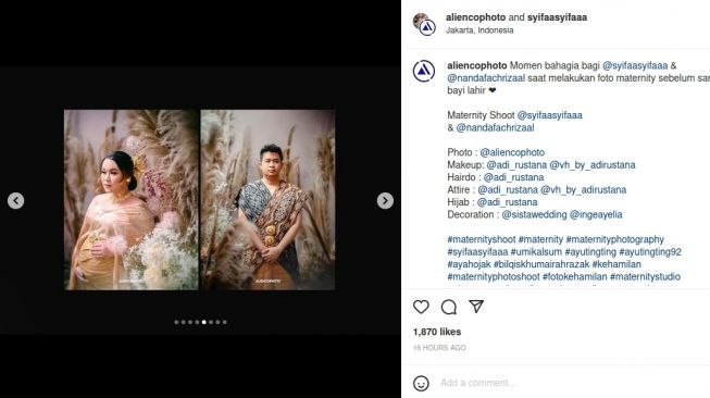 Syifa Adik Ayu Ting Ting maternity photoshoot tanpa hijab (Dok: IG @aliencophoto)