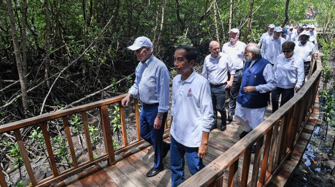 Presiden Joko Widodo (kanan) bersama Presiden Amerika Serikat Joe Biden (kiri) dan sejumlah pemimpin negara G20 dan organisasi internasional mengunjungi kawasan hutan mangrove di Taman Hutan Raya (Tahura) Ngurah Rai pada hari kedua KTT G20 Indonesia 2022 di Denpasar, Bali, Rabu (16/11/2022). [ANTARA FOTO/Media Center G20 Indonesia/Sigid Kurniawan/wsj].