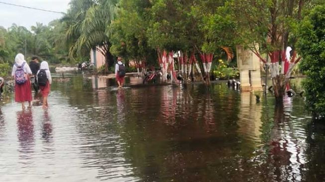 Banjir Siak: Tak Bisa Panen Sawit gegara Kebun Terendam, Siswa SD Belajar Online