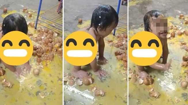 Bocah Asyik Mandi Telur Dagangan sang Ayah: Gak Kebayang Ilangin Baunya