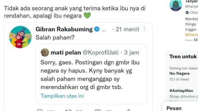 Tangkapan layar unggahan Gibran Rakabuming Raka yang marah ibunya diduga dihina. (Twitter/@tanyakanrl)