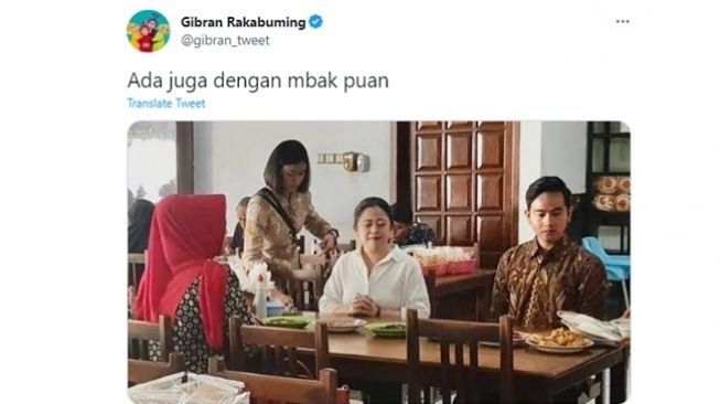 Cuitan Wali Kota Solo, Gibran Rakabuming Raka saat makan bersama Ketua DPR RI, Puan Maharani, usai mengunggah 'mukbang' bersama sejumlah sosok yang dianggapnya idola seperti Prabowo Subianto, Ganjar Pranowo, hingga Anies Baswedan. (Twitter/@gibran_tweet)