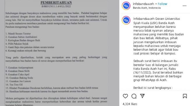 Surat edaran terkait mahasiswa bau badan dan tutorial rawat tubuh. (Instagram/ infobandaaceh)