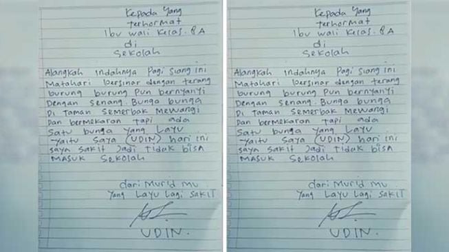 Surat izin sakit siswa SMP berbahasa puitis. [Instagram]