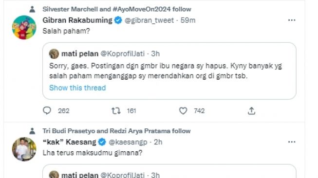 Gibran Rakabuming Raka dengan Kaesang Pangarep mencecar pemilik akun Twitter yang sarkasme terhadap foto Ibu Negara Iriana Jokowi. (Tangkap Layar Twitter) 