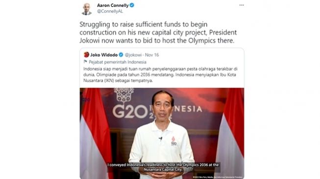 Cuitan Ahli Politik dan Kebijakan Luar Negeri Asia Tenggara dari International Institute for Strategic Studies (IISS), Aaron Connelly, mengkritik kesiapan Presiden Joko Widodo alias Jokowi agar Ibu Kota Nusantara (IKN) Indonesia menjadi tuan rumah Olimpiade 2036. (Twitter/@ConnellyAL)