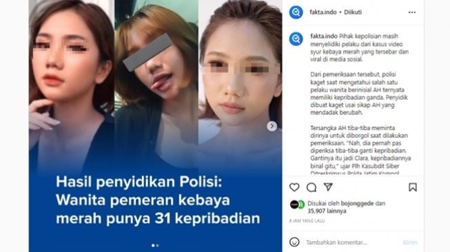 Tersangka video porno Kebaya Merah, AH, disebut memiliki 31 kepribadian dan kepribadiannya yang lain tiba-tiba muncul di tengah pemeriksaan. (Instagram/@fakta.indo)