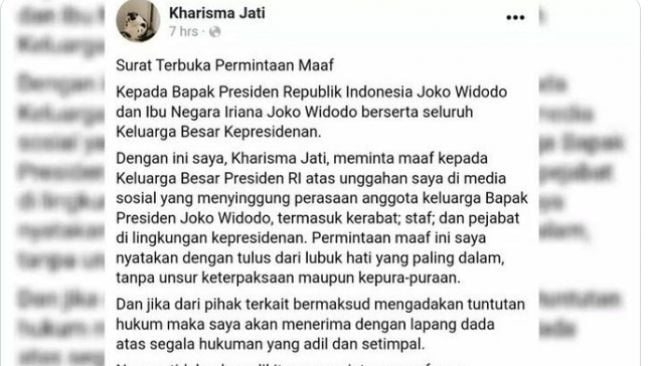 Surat terbuka permintaan maaf terduga pelaku ujaran kebencian Iriana Jokowi (Twitter/ @SantorinisSun).