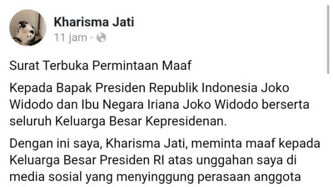 Permintaan Maaf Kharisma Jati (Facebook/KharismaJati)