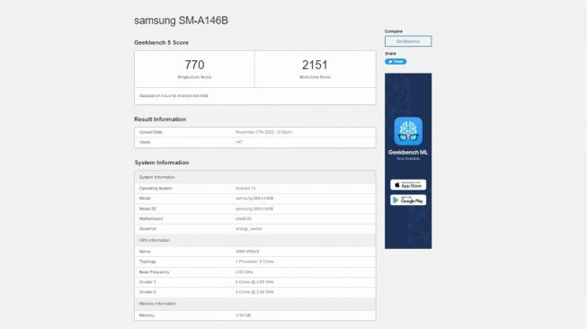 Bocoran Samsung Galaxy A14 5G. [Geekbench]