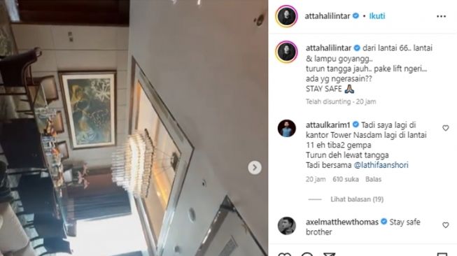 Artis Curhat Rasakan Gempa (instagram/@attahalilintar)