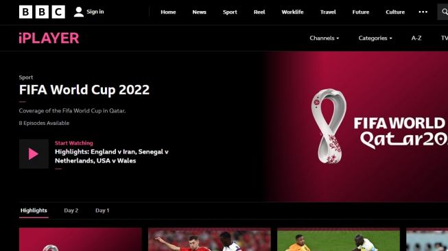 Situs BBC iPlayer yang akan menayangkan Piala Dunia 2022.