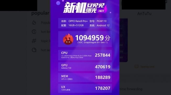 Hasil AnTuTu Oppo Reno9 Pro Plus. [Weibo]