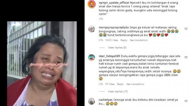 Ibu ini kehilangan 6 anaknya dalam musibah gempa bumi Cianjur. (Instagram/ nyinyir_update_official)