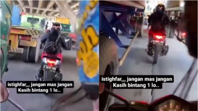 Dibonceng Pakai Motor Lewati di Antara Truk, Penumpang Auto Istighfar