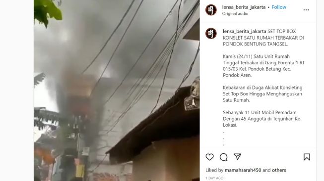 Kebakaran diduga akibat korsleting STB. (screenshot / Instagram lensa_berita_jakarta)