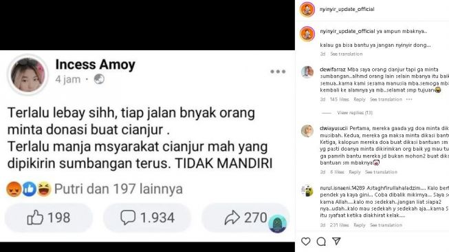 Status Facebook wanita sebut korban gempa bumi Cianjur manja. (Instagram/ nyinyir_update_official)