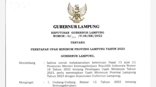 Resmi, Upah Minimum Provinsi Lampung Ditetapkan Rp2,63 Juta Perbulan
