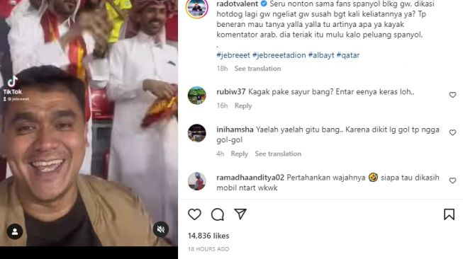 Potret Valentino Jebret Nonton Langsung Piala Dunia. (Instagram/@radotvalent)