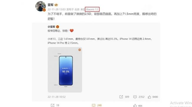 Bocoran Xiaomi 13. [Gizmochina]