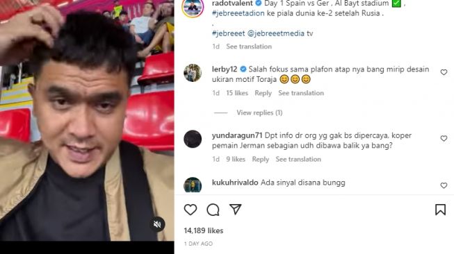 Potret Valentino Jebret Nonton Langsung Piala Dunia. (Instagram/@radotvalent)