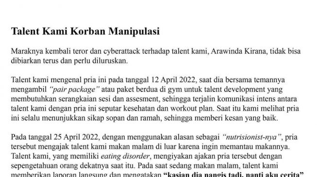 Pernyataan Kite Entertainment terkait kasus yang melibatkan Arawinda Kirana (Instagram Kite Entertainment)