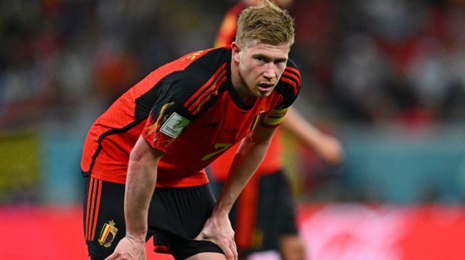 Reaksi gelandang Timnas Belgia, Kevin De Bruyne pada laga Piala Dunia 2022 kontra Kroasia di Stadion Ahmed bin Ali, Doha, Qatar, Kamis (1/12/2022) malam WIB. [GABRIEL BOUYS / AFP]