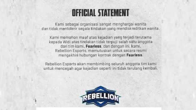 Rebellion Pecat Fearless Karena Dugaan Pelecehan Seksual