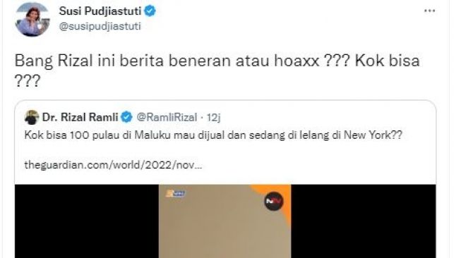 Cuitan susi pudjiastuti membalas unggahan Rizal Ramli. [Tangkapan layar Twitter]