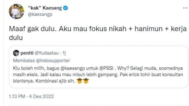 Kaesang weigerte sich, Vorsitzender von PSSI zu werden. [Twitter/kaesangp]