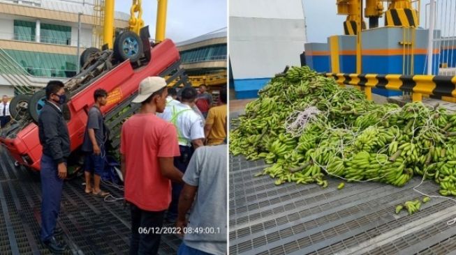 Mobil Pikap Pengangkut Pisang Terbalik saat akan Naik Kapal di Pelabuhan Bakauheni