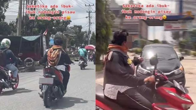 Ngeri! Pemotor Emak-emak Todongkan Pisau ke Orang di Jalanan Pekanbaru
